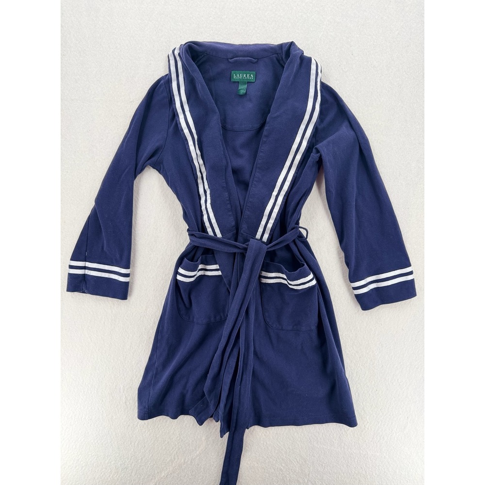 Ralph Lauren Navy Blue White Stripe Luxury Cotton Knit Robe S Preppy Classic